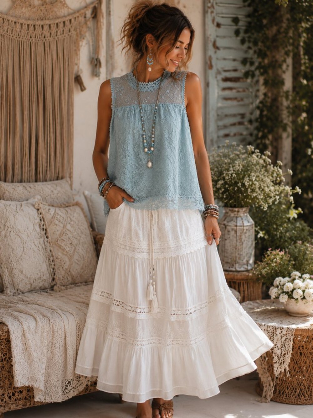 L Ultra Pink (large) Light Blue Lace Sleeveless High-Neck Top